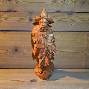 Hand Carved Wood Folk Art Traveling Musician Figure 8” Vintage